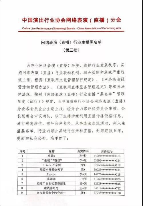 中国演出行业协会直播黑名单的相关图片